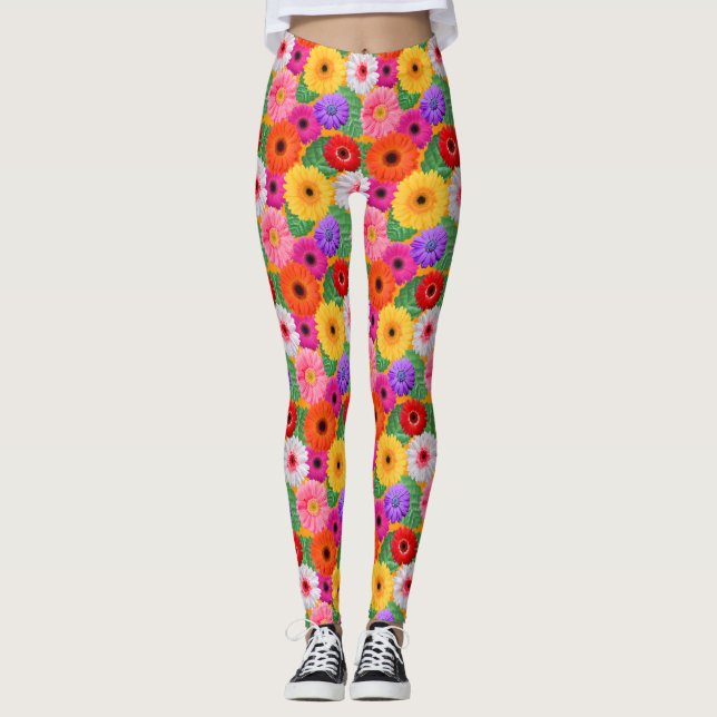 Colourful Floral Gerbera Daisies Fun Chic Botanica Leggings (Front)