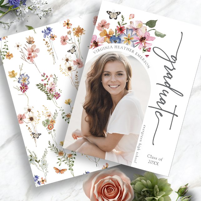 Colourful Floral Graduation Announcement (Colorful Watercolor Floral Graduation Announcement with Butterfly by Painted Paperie
)