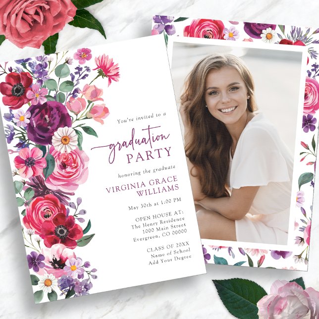Colourful Floral Graduation Party Invitation (Colorful Watercolor Floral Photo Graduation Party Invitation by Painted Paperie
)