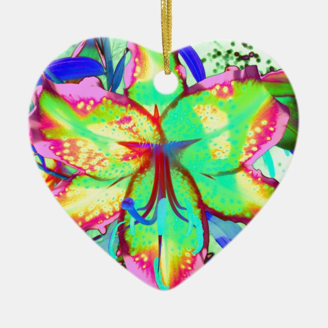 Colourful floral green pink lily tropical flowers ceramic tree decoration (Front)