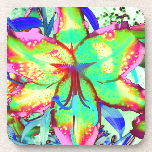 Colourful floral green pink lily tropical flowers coaster (Front)