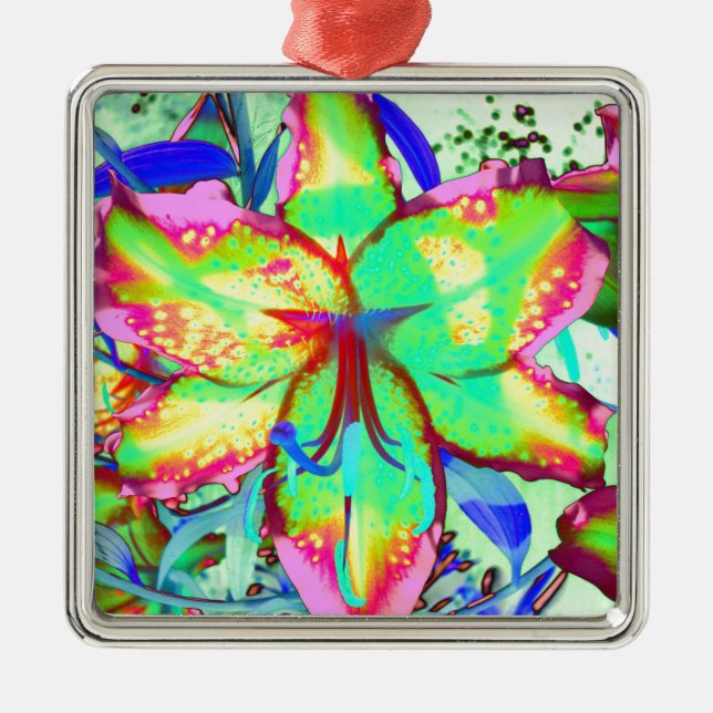 Colourful floral green pink lily tropical flowers metal tree decoration (Front)