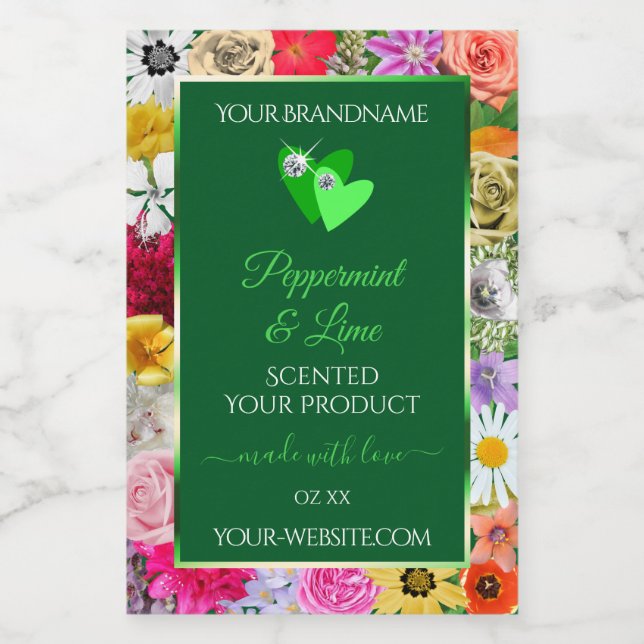 Colourful Floral Green Product Labels Cute Hearts (Single Label)