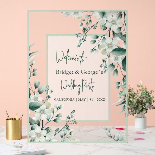 Colourful floral greenery Frosted Wedding Welcome Acrylic Sign (Wedding)