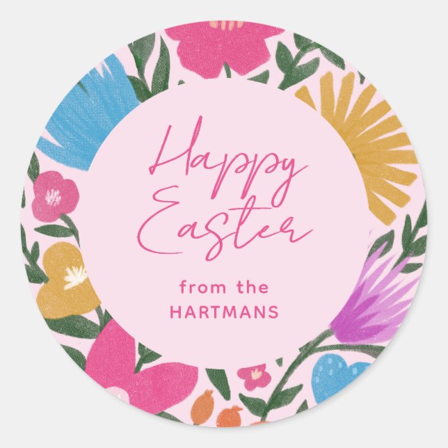 Colourful Floral Happy Easter Name | Pink Classic Round Sticker (Front)