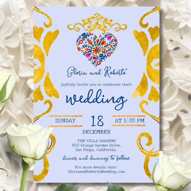 Colourful Floral Heart Baroque Mexican Wedding Invitation (Golden Baroque swirls frame a vibrant Mexican floral heart in cobalt, marigold, and coral tones.)