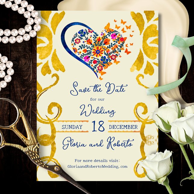 Colourful Floral Heart Baroque Mexican Wedding Save The Date (Vibrant floral heart with golden Baroque scrolls in rich cobalt and marigold tones.)