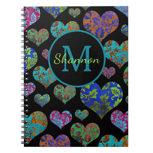 Colourful floral heart pattern monogram name notebook (Front)