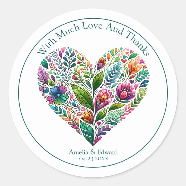 Colourful Floral Heart "Thank You" Favour Classic Round Sticker (Front)