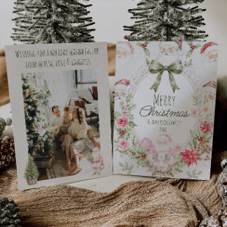 Colourful Floral Holly Berries Santa Bow Christmas Holiday Card