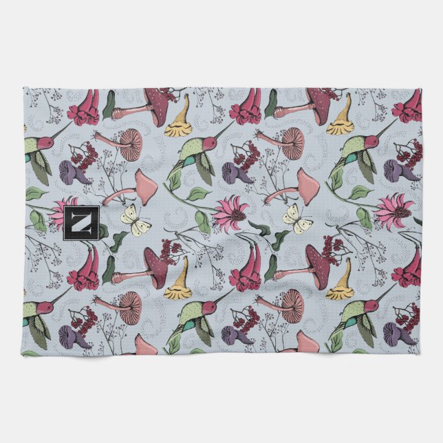 Colourful Floral Hummingbird Garden Light Blue Tea Towel (Horizontal)