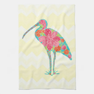 Colourful Floral Ibis Bird Chevron Illustration Tea Towel