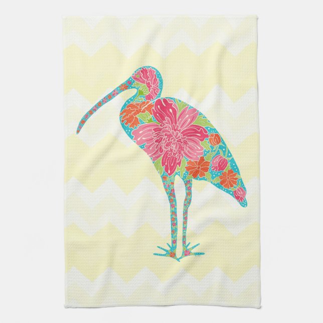 Colourful Floral Ibis Bird Chevron Illustration Tea Towel (Vertical)