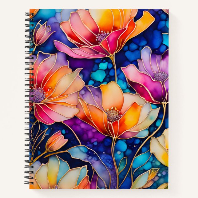 Colourful Floral Ink Art Spiral Notebook (Front)
