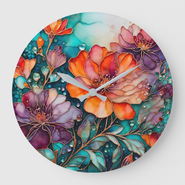 Colourful Floral Ink Art Wall Clock (Front)
