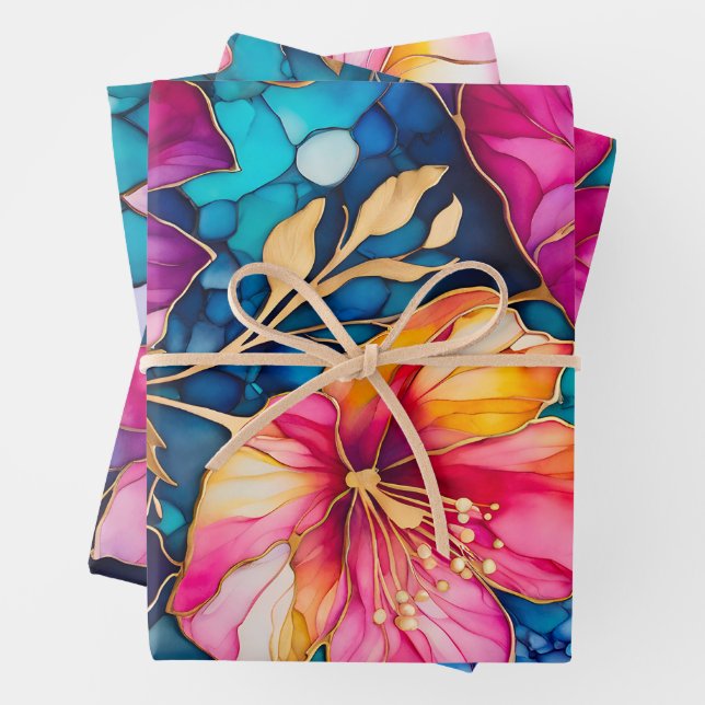 Colourful Floral Ink Art Wrapping Paper Sheets (In situ)