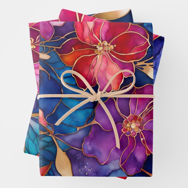 Colourful Floral Ink Art Wrapping Paper Sheets (In situ)