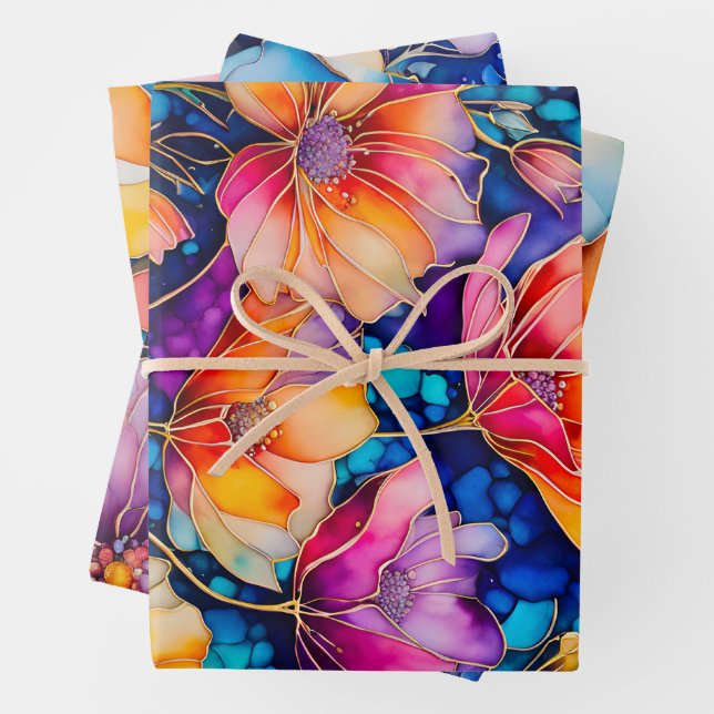 Colourful Floral Ink Art Wrapping Paper Sheets (In situ)