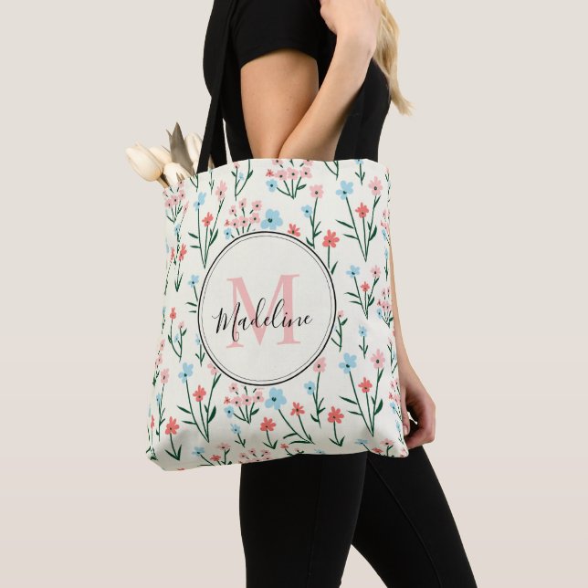 Colourful Floral Ivory White Elegant Pink Monogram Tote Bag (Close Up)
