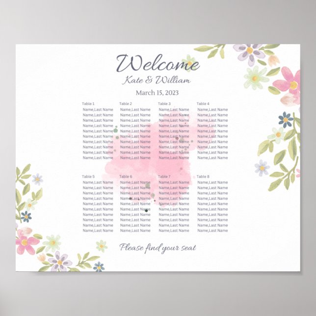 Colourful floral landscape Wedding 8 table seating Poster (Front)