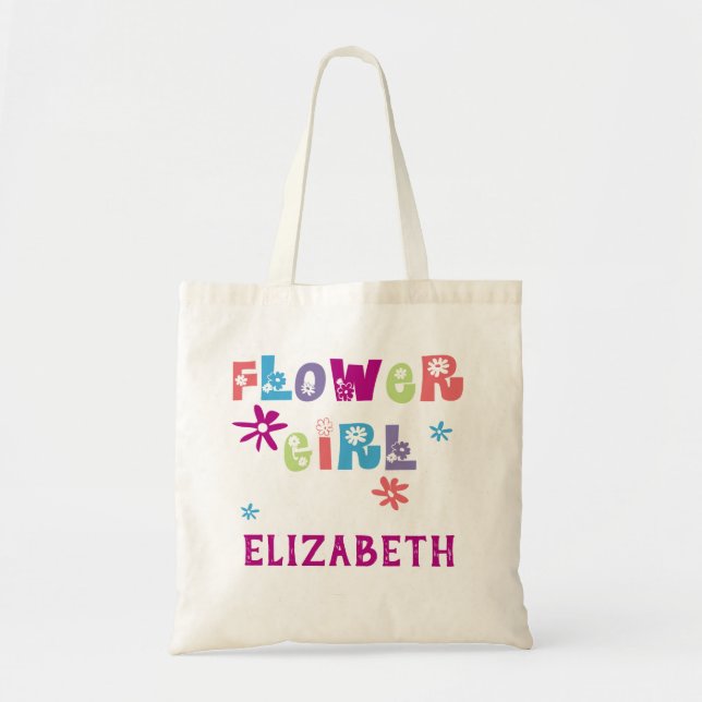 Colourful Floral Letters Personalised Flower Girl Tote Bag (Front)