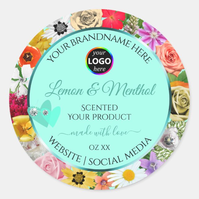 Colourful Floral Light Teal Product Labels Add Log (Front)