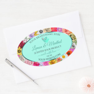 Colourful Floral Light Teal Product Labels Hearts