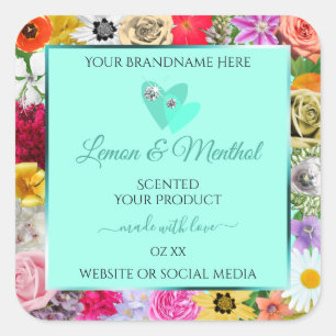 Colourful Floral Light Teal Product Labels Hearts
