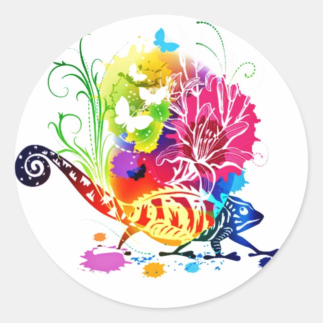 Colourful floral lizard classic round sticker (Front)