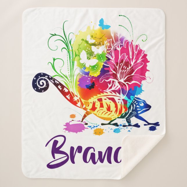 Colourful floral lizard personalised  sherpa blanket (Front)