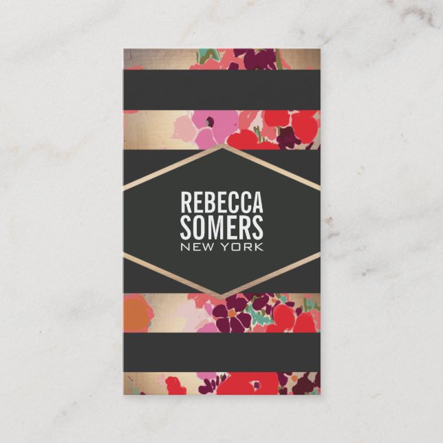 Colourful Floral Makeup and Beauty Black Striped Business Card (Front)