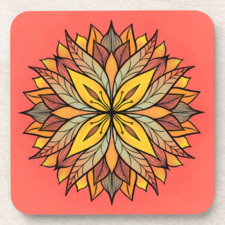 Colourful Floral Mandala Abstract Yellow Coral Coaster