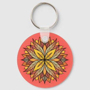 Colourful Floral Mandala Abstract Yellow Coral Key Ring