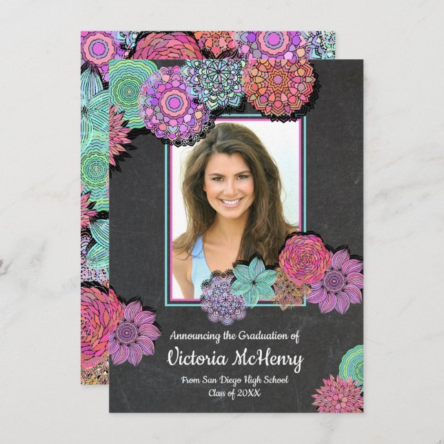 Colourful Floral Mandala Photo Graduation Party Invitation (Front/Back)