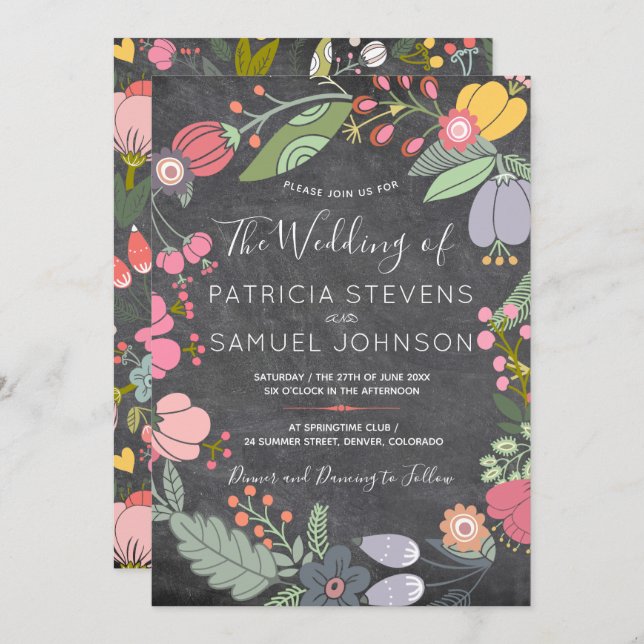Colourful floral meadow wreath chalkboard wedding invitation (Front/Back)