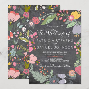 Colourful floral meadow wreath chalkboard wedding invitation