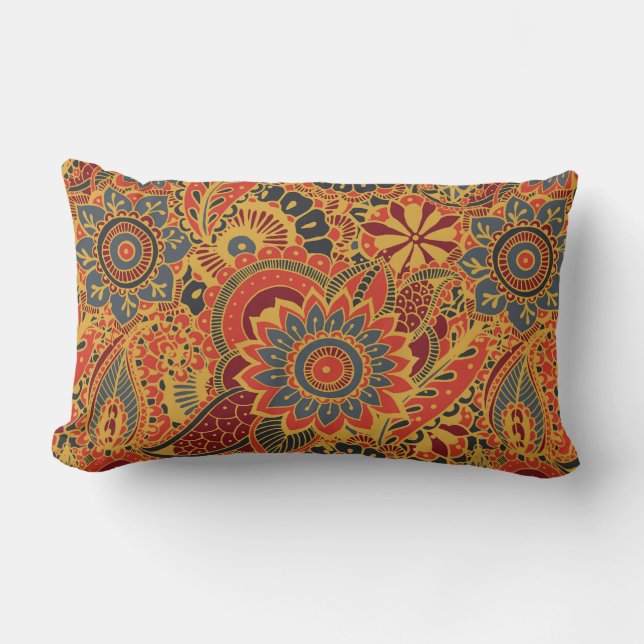 Colourful Floral Mehndi Paisley Bootar Folk Patter Lumbar Cushion (Front)