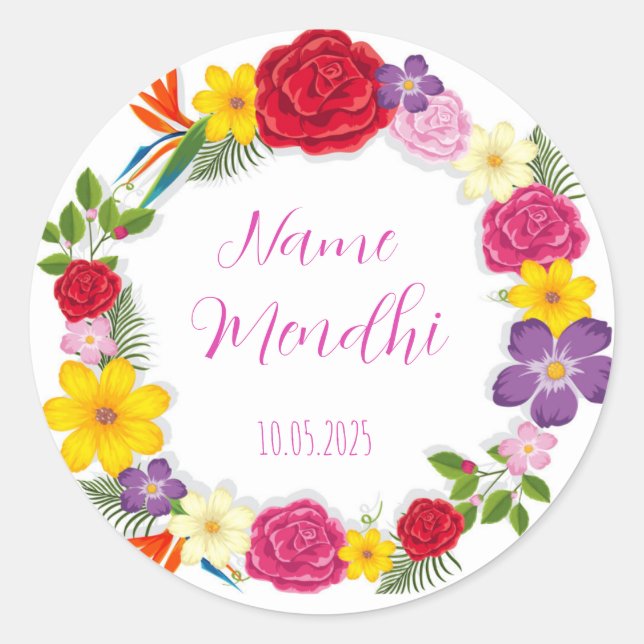 Colourful floral Mendhi favour stickers  (Front)