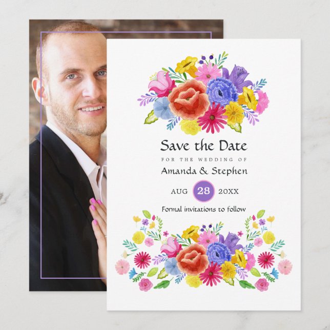 Colourful Floral Mexican Fiesta Wedding Photo Save The Date (Front/Back)