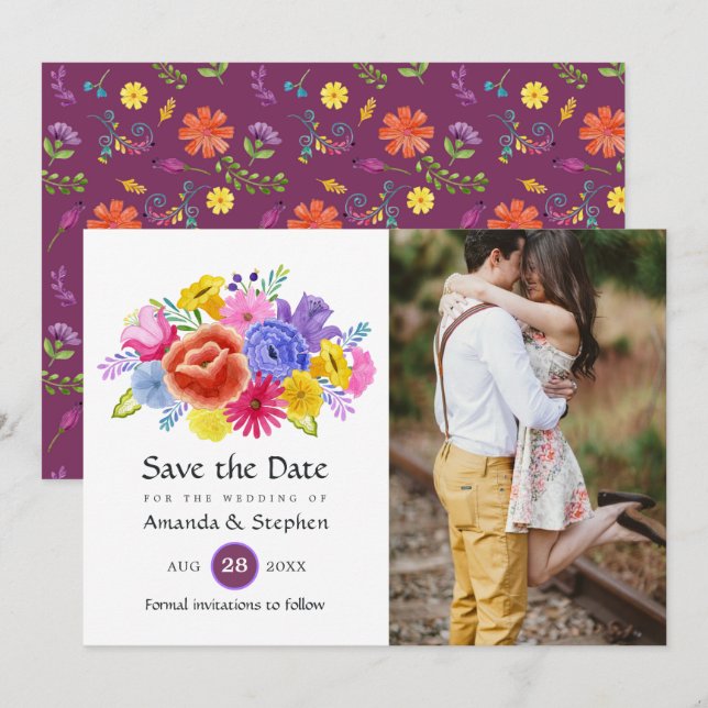 Colourful Floral Mexican Fiesta Wedding Photo Save The Date (Front/Back)