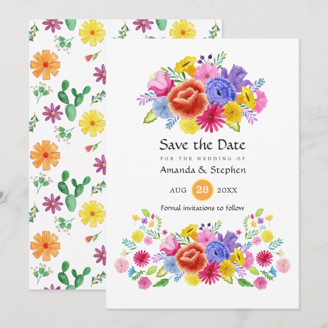 Colourful Floral Mexican Fiesta Wedding Save The Date (Front/Back)