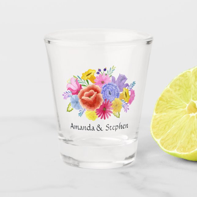 Colourful Floral Mexican Fiesta Wedding Shot Glass (Front)