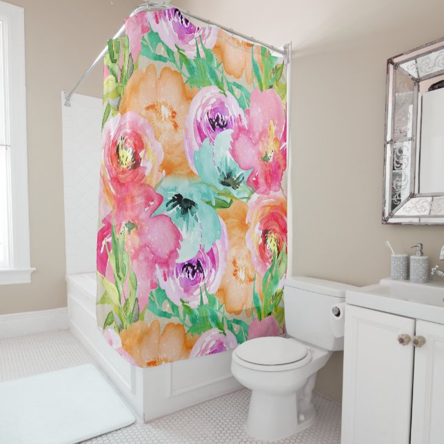 Colourful Floral Modern Rustic Botanical Kraft Shower Curtain (In Situ)