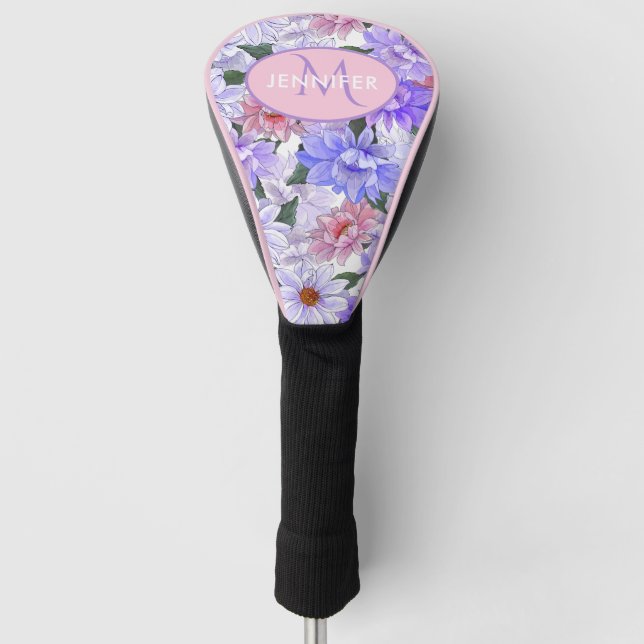 Colourful Floral Monogram Personalised Name Golf Head Cover (Front)