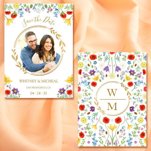 Colourful Floral Monogram Photo White Save the Dat (Colorful Floral Monogram Photo White Save the Date)