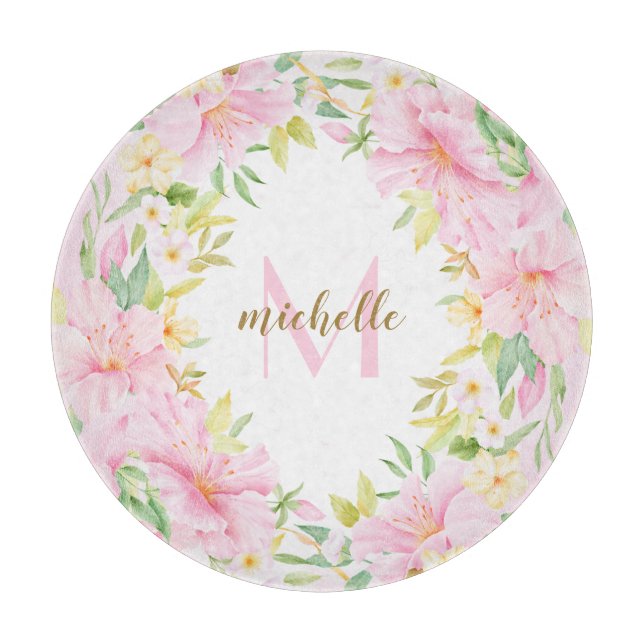 Colourful Floral Monogram Watercolor Botanical Pin Cutting Board (Front)