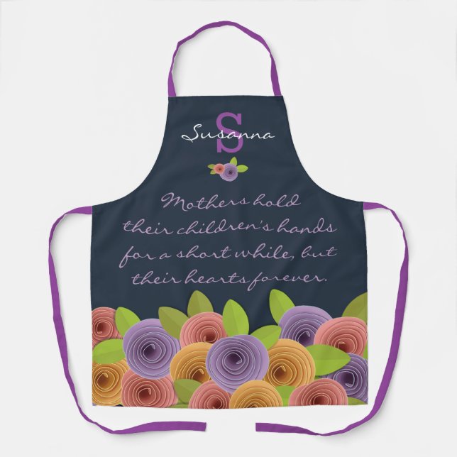 Colourful Floral Mother Quote w Monogram on Navy A Apron (Front)