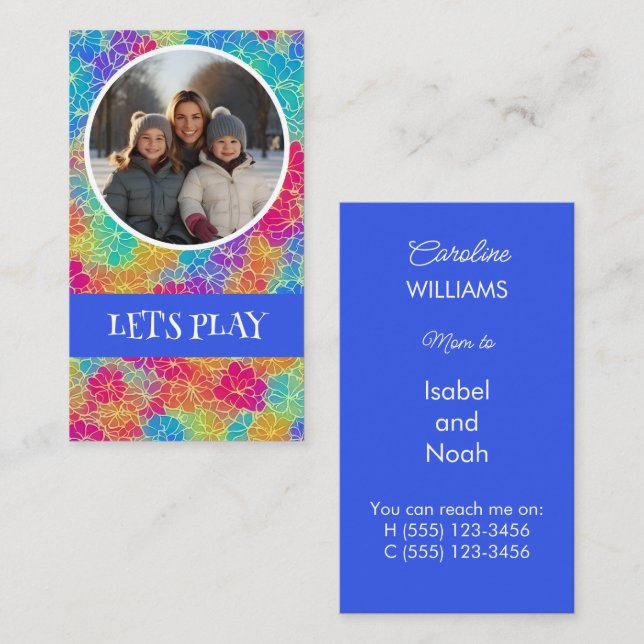 Colourful floral Mum to photo blue Let's play Calling Card (Front/Back)