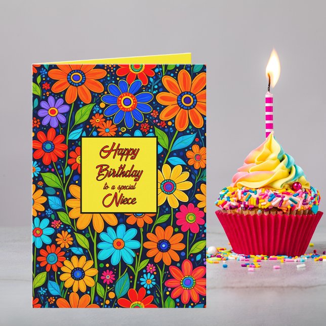 Colourful Floral Niece Custom Text Birthday Card (Easily customize this card for a sister, aunt, grandmother, friend or other special woman. )