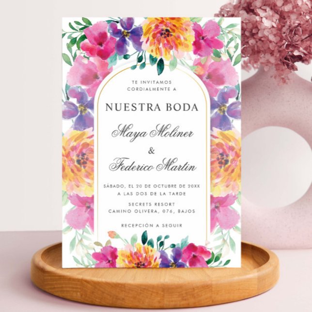 Colourful Floral Nuestra Boda Spanish Wedding Invitation (Creator Uploaded)